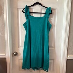 Teal Sleeveless Dress with Tassel Hem
